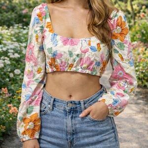 Handmade Floral Long Sleeve Crop Top Peasant Blouse Boho Cottagecore